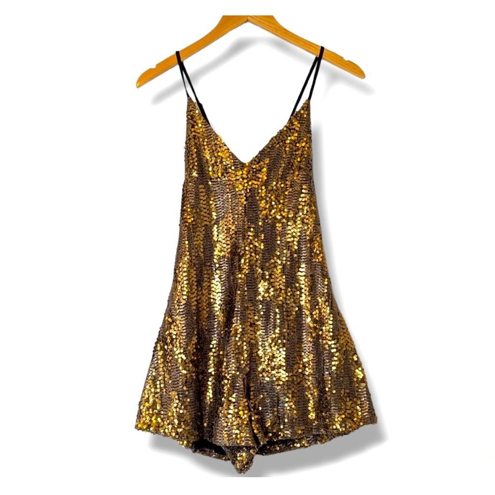 ASTR Sequin Romper Racerback Criss Cross Straps in Metallic Bronze Women's Small